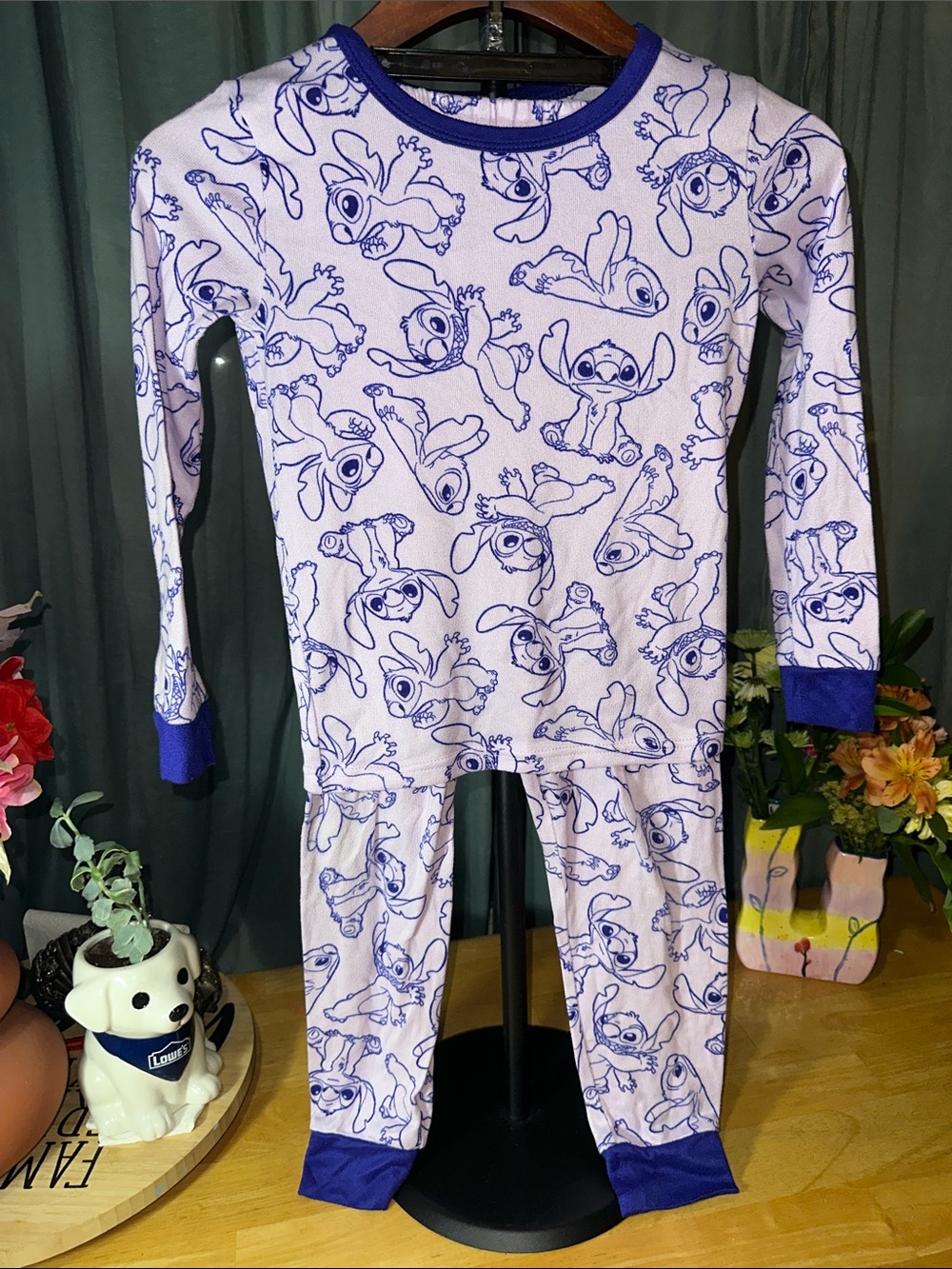 Kids Purple Stitch Print Pajama Set L(10/12) B301